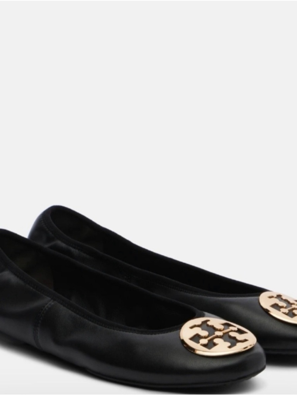 Tory Burch Black Leather Ballet Flats with Gold Logo Emblem